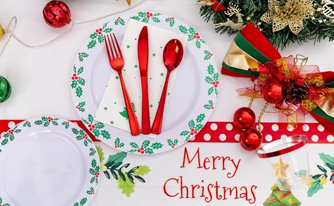 GATHER 176Pcs Christmas Plastic Plates - Green Christmas Plates Disposable and Red Cutlery Set Includes 50 Plate 75 Plastic Silverware 25 Cups 25 Napkins and 1 Tablecloths for Xmas Party