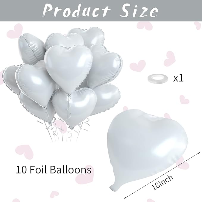 Grey Heart Foil Balloons - 10PCS Heart Shaped 18inch Love Balloons for Valentines, Weddings, Birthdays & Anniversaries