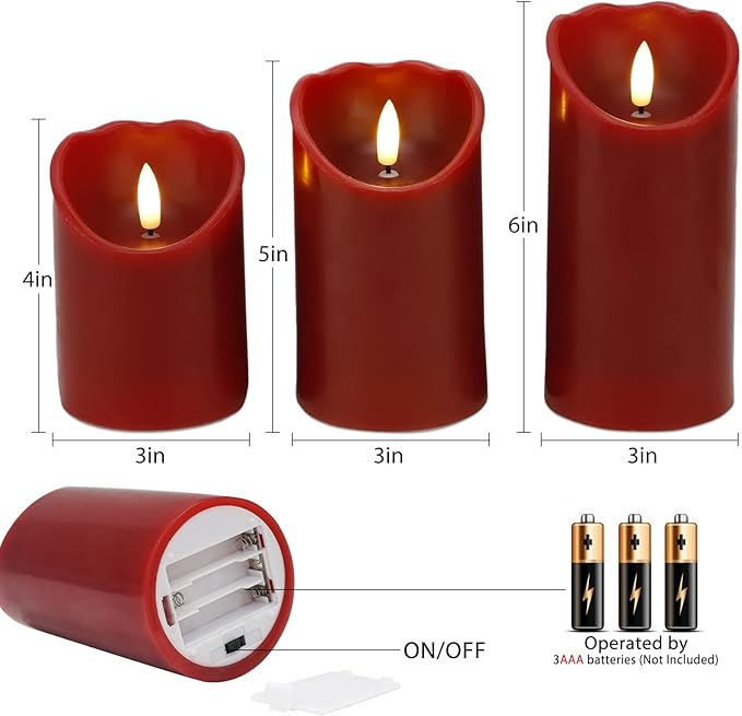 Flameless Candles with Remote, Battery Operated Christmas Candles with Timer Real Wax LED Flickering Fake Electric Candles for Christmas Party Home Decor, Set of 3 (Red)