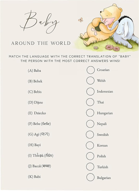 Winnie Baby Shower Games, Baby Around The World, Baby Shower Game Cards, Set of 30, Winnie The Pooh Party Favors, Baby Shower Party Games Supplies & Activities, Baby Shower Decorations