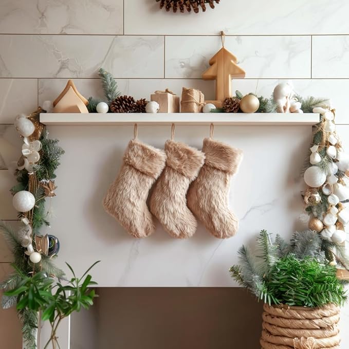 AISENO 3 Pack 18 Inch Christmas Stockings Beige Faux Fur Hanging Ornaments Candy Gift Bags for Christmas Decorations