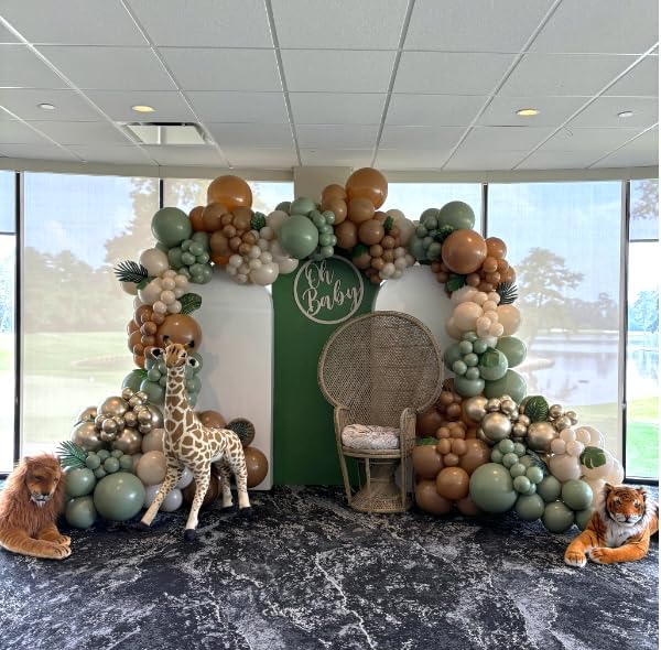 Sage Green and Brown Balloons, 12 Inch Olive Green Brown and Gold Jungle Safari Balloons for Baby Shower Camo Army Woodland Forest Hunting Wild One Birthday Party Decorations