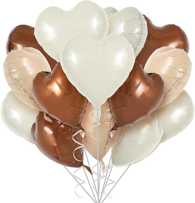 TONIFUL 30Pcs 18 Inch Cream White Heart Balloons Light Brown Coffee Foil Balloons Decoration for Thanksgiving Birthday Valentine's Day Wedding Bridal Shower Anniversary Engagement Party Supplies