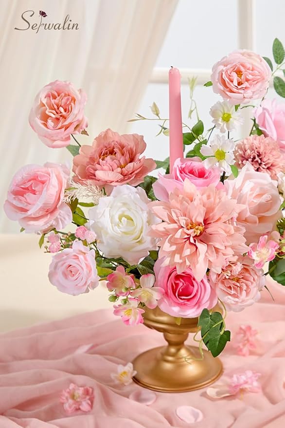Serwalin Artificial Silk Flowers Abby Pink, Fake Flowers Stems for DIY Wedding Bouquets, Baby Shower Centerpieces, Cake Decor, Birthday Party & Home Decor