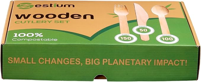 300 Pcs Disposable Wooden Cutlery Set (150 Forks, 50 Knives, 100 Spoons) – Eco Pack, Wooden Premium Cutlery Utensils for Sustainable Living, Perfect for Picnics & Everyday Use by Zestium