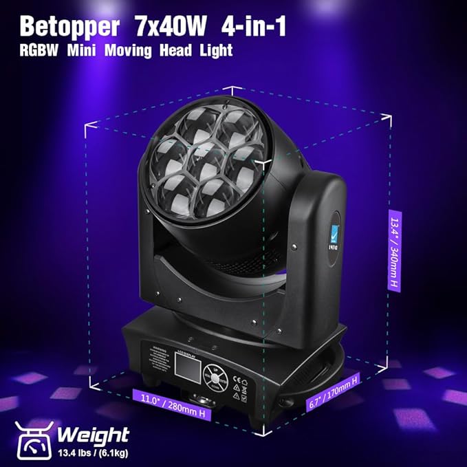 Big Dipper 7x40W LED Point Control Moving Head Light, 4-in-1 Bee Eye RGBW DJ Light for Party, Stage Lighting with Sound Activated/Auto/DMX512 Control, Spotlight Uplight for Events Church Disco(2)