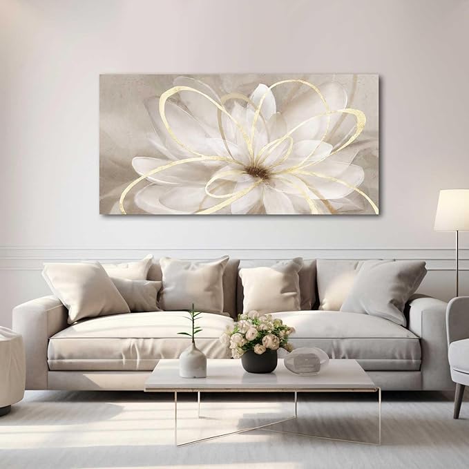 Kureful Flower Pictures Wall Decor Oil Painting 24x48 Inches Abstract Artwork for Bedroom Living Room Home Office Wall Decorations, Gold