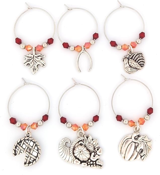 Thanksgiving Wine Charms, Turkey, Leaf, and Pumpkin Wine Charms, Thanksgiving Gifts, Glass Tag Identifier, Cornucopia, Apple Pie, Wishbone, Dinner Party Supplies and Party Favors - 6 Pack