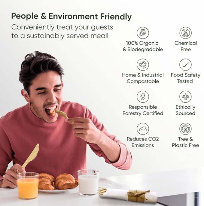 Premium Pre Rolled Napkin and Bamboo Cutlery Set (10 Pack, 40 PCS) 100% Biodegradable, Eco-Friendly, Disposable Wrapped Cutlery - Pre-Wrapped Bamboo Forks, Knives, Spoons, Napkins, Brown Roll