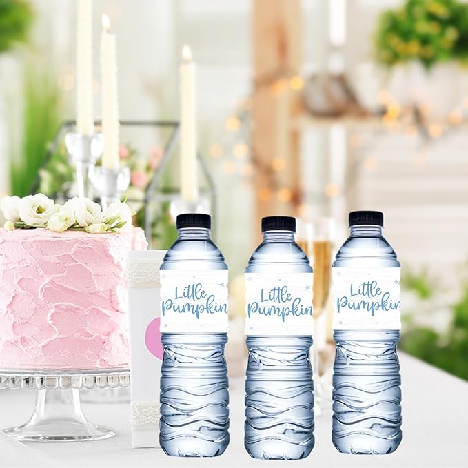 100Pcs Blue Little Pumpkin Boy Baby Shower Water Bottle Labels Waterproof Wrappers for Fall Baby Shower Decorations and Party Drink Stations