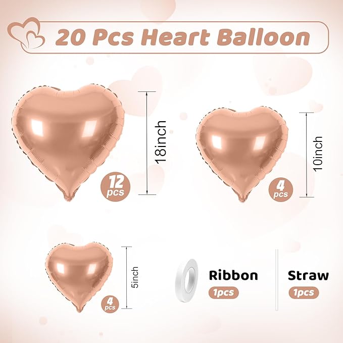 Rose Gold Heart Balloons, Heart Shaped Ballons, 20 Pcs 5/10/18 inch Rose Gold Foil Love Balloons for Valentine's Day Decorations Wedding Engagement Bridal Showers Anniversary Celebrations