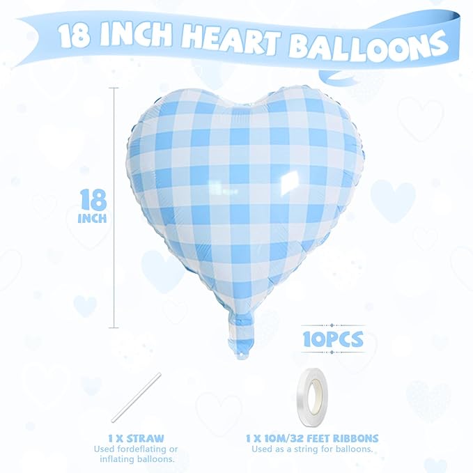 Blue White Checkered Heart Balloons, 10 Pcs Light Blue Grid Heart Shape Balloon, 18 Inch Lattice Foil Valentines Balloons for Kids Boys Birthday Wedding Valentines Bridal Baby Shower Party Decorations