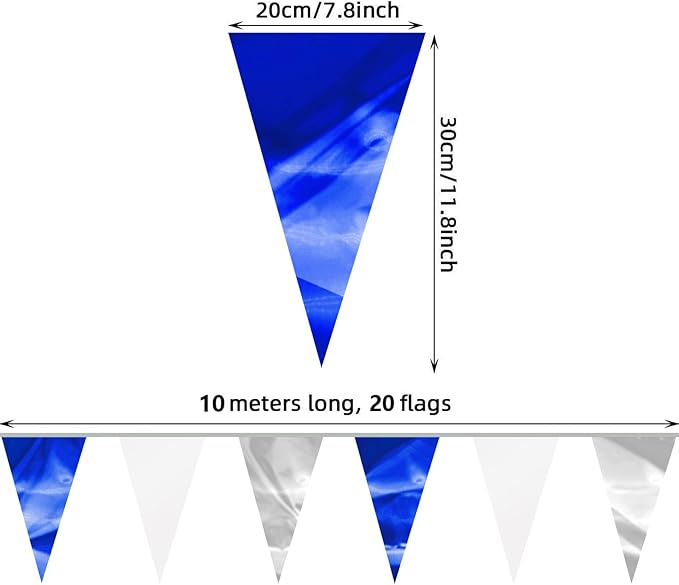 65FT Navy Blue White Silver Glitter Triangle Pennant Banner Flag Metallic Bunting Fabric Garland for Christmas Graduation Wedding Bridal Shower Nautical Ahoy Achor Theme Party Decorations Supplies