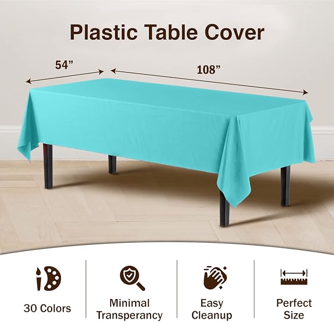 Party Solids 6-Pack Premium Plastic Tablecloth 54in. x 108in. Rectangle Plastic Table Cover - Aqua
