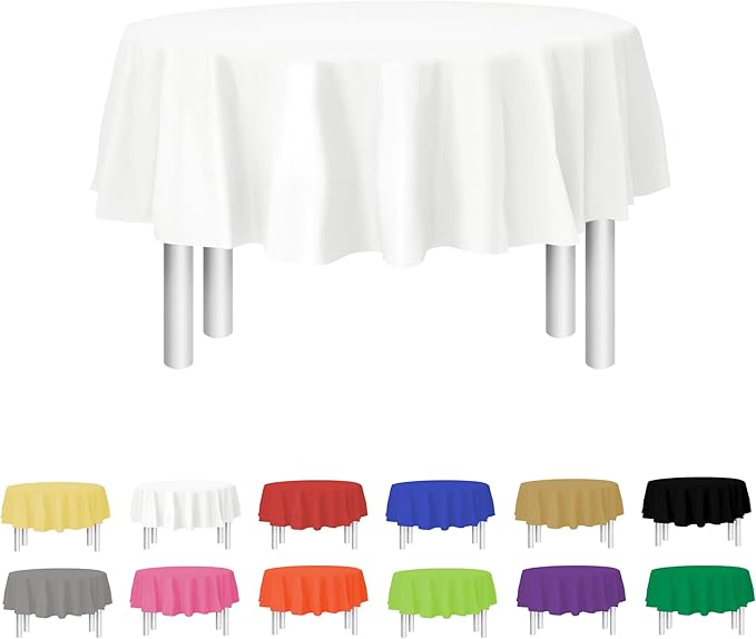 Party Dimensions White Disposable Plastic Tablecloth for Round Tables (12 Pack) 84 inches Table Cloths for Parties, Events & Weddings, Indoors & Outdoors, Plastic Table Cover