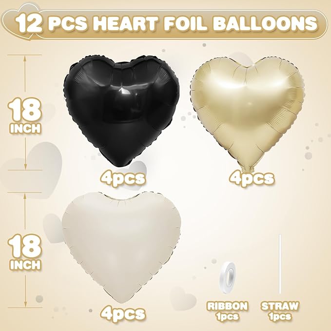 Black White Gold Heart Balloons,12Pcs 18Inch Black Cream White Champagne Gold Heart Shaped Foil Helium Balloons for Birthday Anniversary Wedding Engagement Party Decorations