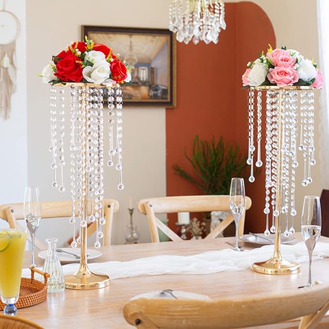 10 Pcs Bead Crystal Flower Arrangement Stand, Gold Vases for Centerpieces Table Decorations,for Home Party Wedding Anniversary Decor, 21.6in