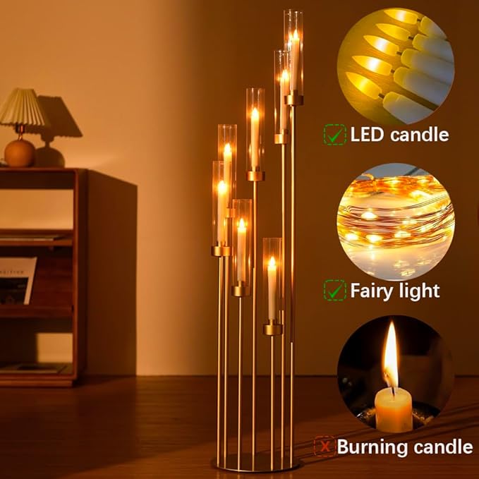 2Pcs Gold 7 Arm Candelabra Candle Stand for Wedding, Metal Candlestick Holder with Acrylic Lampshade for Theme Party Table Centerpieces Wedding Holiday Birthday Party (48Inch) Fit LED Taper Candles