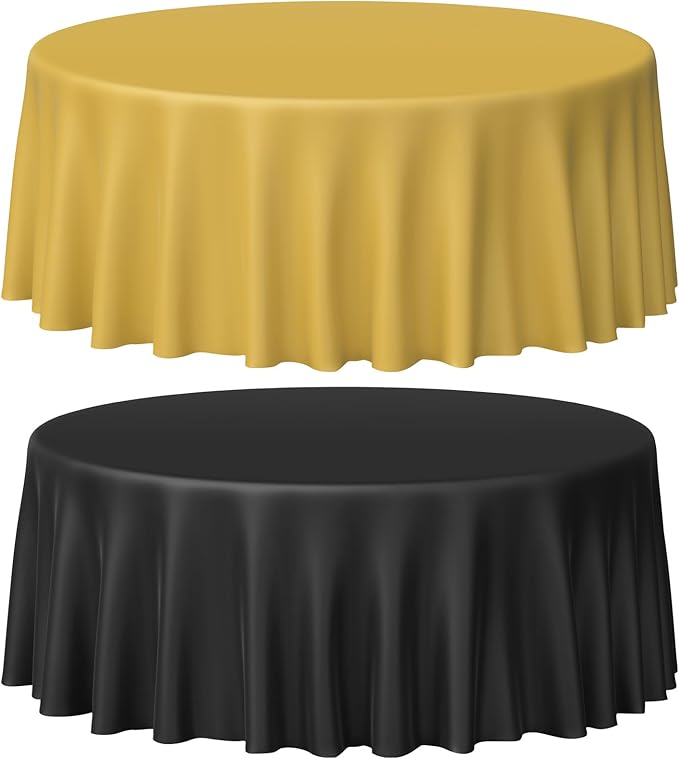 MASHAN 12 Pcs Black and Gold Plastic Tablecloths Bulk,84 Inch Disposable Round Party Table Cloth Waterproof Table Cover for Birthday Wedding Anniversary Graduation Party Decorations Supplies