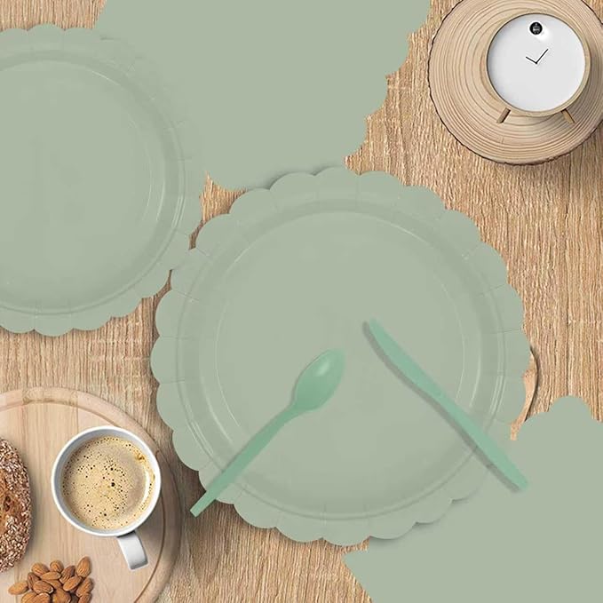 140Pcs Sage Green Paper Plates and Napkins, Sage Green Party Supplies Include Green Scalloped Plate Paper Napkin Cup Plastic Cutlery for Baby Shower, Wedding, Birthday