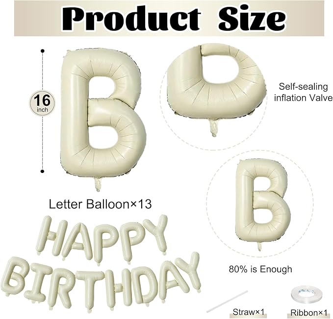 16 Inch Beige Happy Birthday Balloon Banner, Cream White Foil Happy Birthday Balloons Sign for Boys Girls Men Women Birthday Party Decorations Supplies