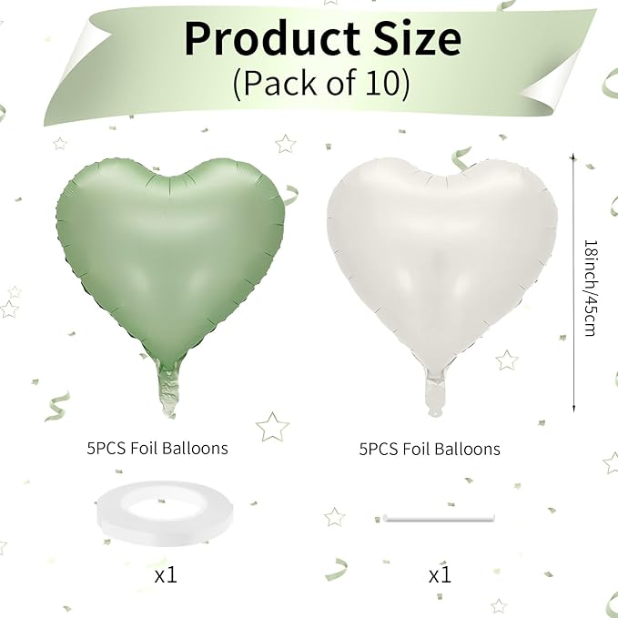 Sage Green White Heart Balloons, 10PCS Green Beige Foil Heart Balloons, 18inch Olive Green Cream White Heart Shape Balloons for Neutral Jungle Birthday Baby Shower Valentines Wedding Party Decorations