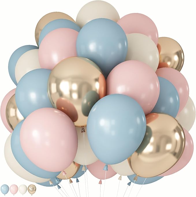 Gender Reveal Balloons, 60 Pcs 12 Inch Dusty Blue Pink Balloons, Chrome Gold Sand White Balloon for Boho Gender Reveal Engagement Bachelorette Birthday Baby Shower Bridal Bear Theme Party Decorations