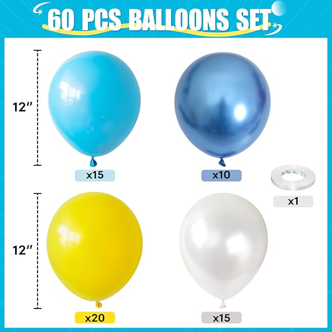 Blue Yellow Balloon, 60 PCS 12 Inch Cartoon Theme Balloons Blue Yellow and White Balloons for Kids Cartoon Party Baby Shower Duck Birthday Party Decorations