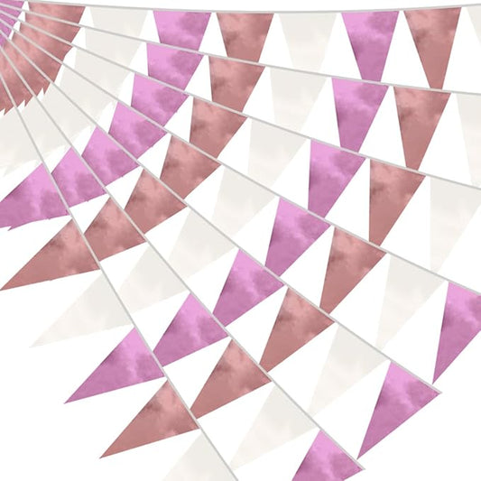 40M/130FT Rose-Gold Pink Triangle Pennant Banner Flag Metallic Fabric Bunting Garland for Christmas Graduation Wedding Engagement Anniversary Bachelorette Birthday Bridal Shower Hen Party Supplies