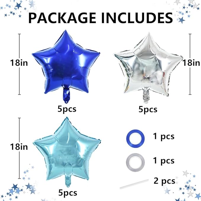 TONIFUL 15Pcs 18 Inch Large Blue Silver Star Shape Foil Balloons Big Stars Helium Mylar Ballons for Birthday Wedding Baby Shower Anniversary Engagement Party Decorations Supplies