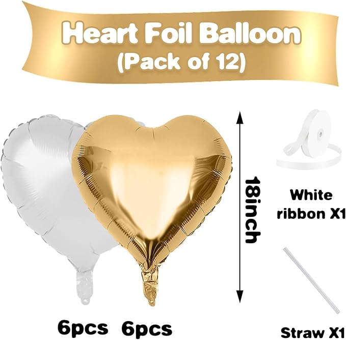 Gold White Heart Balloons,12Pcs 18 Inch Metallic Gold Cream Foil Love Heart Shaped Balloons for Birthday Party Wedding Engagement Anniversary Graduation Baby Shower Valentines Day Decorations