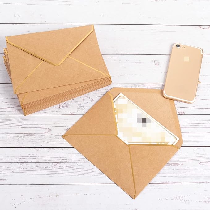 100 Pack A7 Envelopes 5 x 7 Card Envelopes V Flap with Gold Border for Office, Wedding Gift Cards, Invitations, Graduation, Baby Shower, Parties (Kraft Brown, 5.32 x 7.28 Inches)