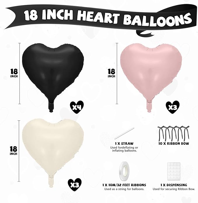 Pink and Black Heart Balloons, 10 Pcs Baby Pink Cream Heart Shaped Balloon with Black Bow Ribbon, 18 Inch Pink Sand White Foil Balloons for Brithday Baby Shower Wedding Valentines Party Decoration