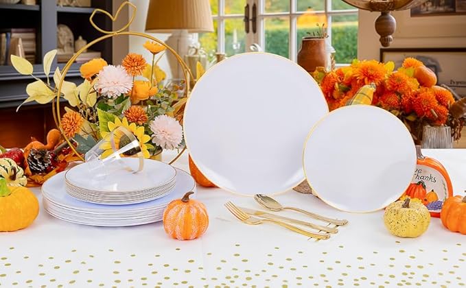 Festiva 176Pcs White and Gold Plastic Plates - White with Gold Rim Fall Dinnerware Set - 25Guest include Plates Cups Cutlery Napkins for Fall Party&Wedding& New Year&Thanksgiving