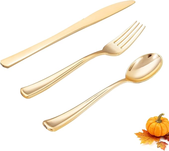 WDF 500PCS Gold Plastic Silverware Set Disposable - Gold Cutlery Set Plastic - 250Forks, 125 Spoons, 125 Knives for Thanksgiving Party, Birthday, Wedding