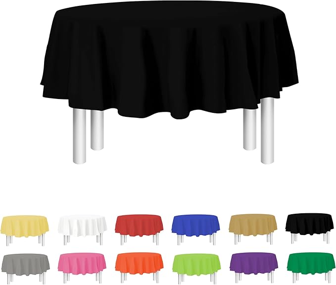 Party Dimensions Black Disposable Plastic Tablecloth for Round Tables (12 Pack) 84 inches Table Cloths for Parties, Events & Weddings, Indoors & Outdoors, Plastic Table Cover