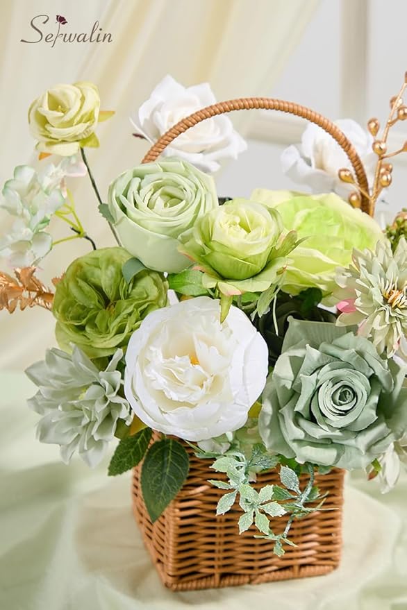 Serwalin Artificial Silk Flowers Green, Fake Flowers Stems for DIY Wedding Bouquets, Baby Shower Centerpieces, Cake Decor, Birthday Party & Home Decor