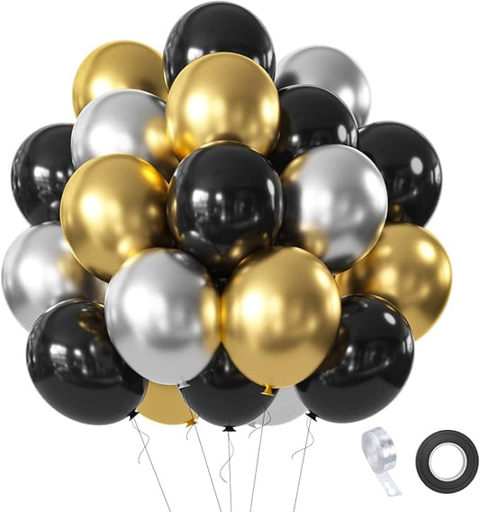Black Gold Silver Balloons Set, 60 Pcs 12 Inch Metallic Chrome Gold Silver Balloon Black Silver Gold Balloons for Birthday, New Year, Wedding Party Decoration