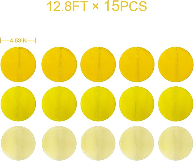 192Ft Yellow Party Decorations Ombre Yellow White Big Polka Dots Backdrop Streamer Gradient Yellow Tissue Paper Circle Dot Hanging Garland for Lemon Bee Sunflower Birthday Baby Shower Party Supplies