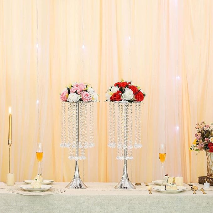 2Pcs 21.88" Height Elegant Centerpieces with Chandelier Crystals Metal Vase Silver Flower Stand for Table Wedding Centerpieces Decorations, Christmas,Event, Home, Party