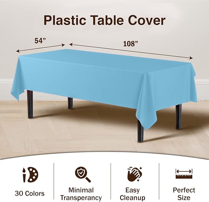 Party Solids 6-Pack Premium Plastic Tablecloth 54in. x 108in. Rectangle Plastic Table Cover - Sky Blue