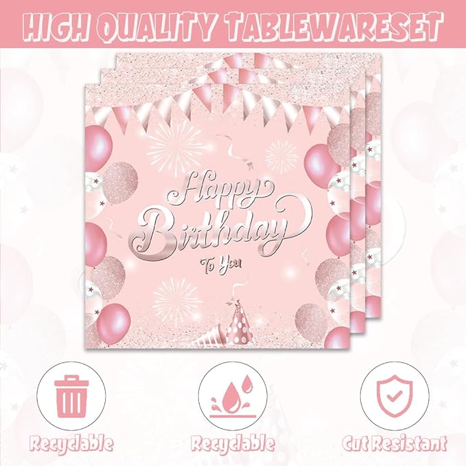 40Pcs Rose Gold Birthday Party Decorations Plates and Napkins Pink Happy Birthday Tableware Set for Girls Women Serve 20 Guests