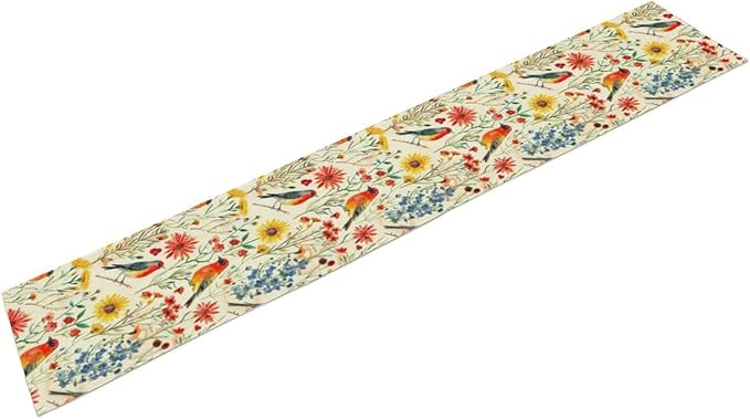 Spring Bird Floral Table Runner,Summer Birds Table Runner Burlap Table Decoration for Seasonal Home Kitchen Dining Dinner Indoor Holiday Farmhouse Decor 13x70 in