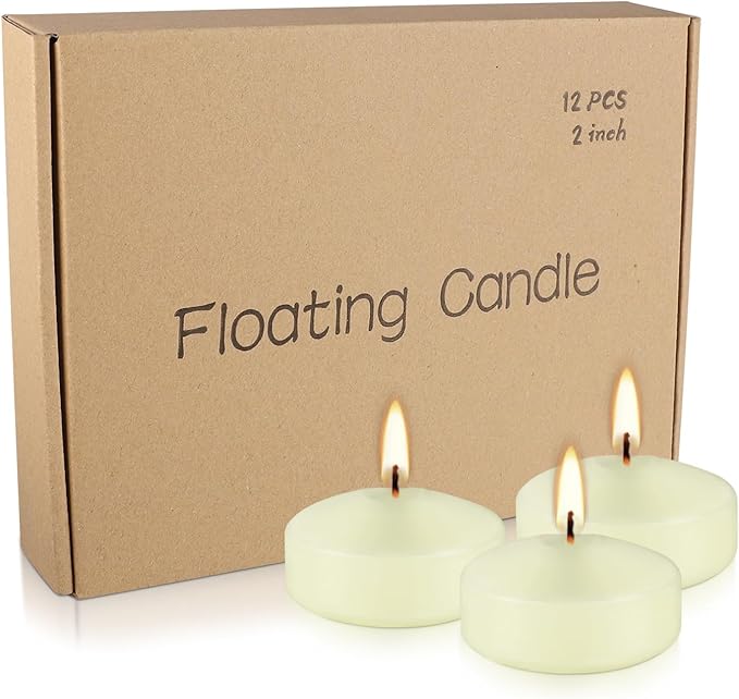 12 Pcs 2 - inch Floating Candles, Ivory, Smokeless and Unscented, Burns Continuously for 5-6 Hours, Be Good for Holidays, Weddings, Vacations, and Home Décor.
