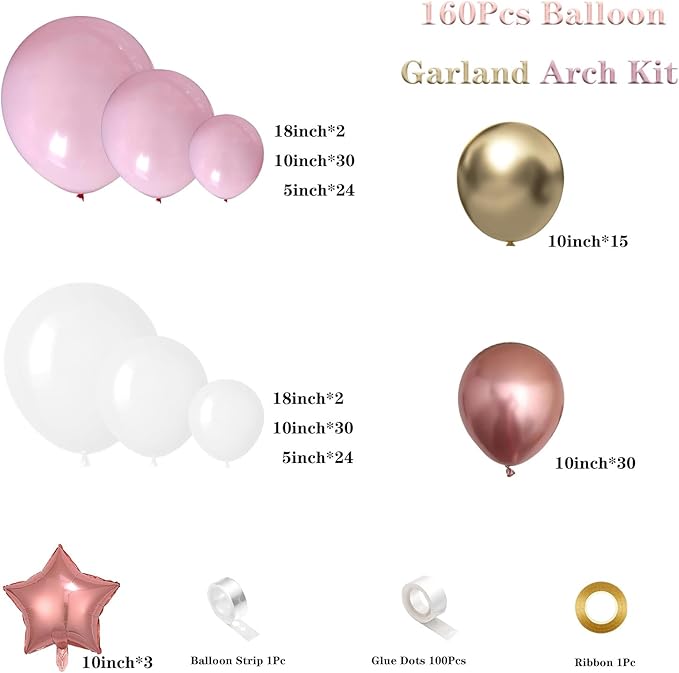 Pink White and Gold Balloon Garland Arch Kit, 160Pcs Pink White Rose Gold Chrome Gold Latex Balloons with Star Foil Balloons for Baby Bridal Shower Wedding Valentine’s Day Birthday Party Decorations