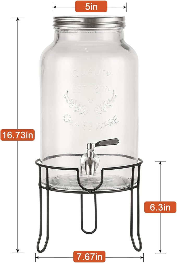 1.5 Gallon Glass Drink Dispenser with Stand – Large Beverage Dispenser with Stainless Steel Spigot, Chalkboard Tags & Marker – Glass Water Dispenser for Fridge, Parties, Weddings and Home Use,Silver