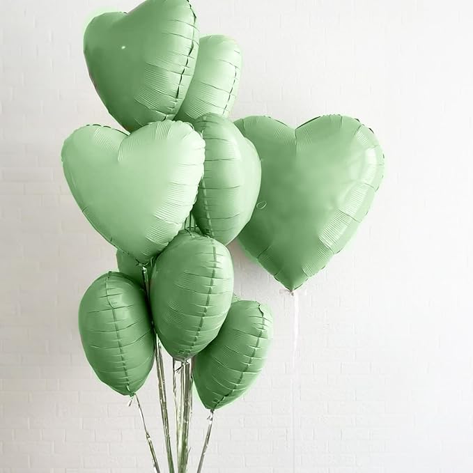 Sage Green White Heart Balloons,12Pcs 18 Inch Oliver Green Cream Foil Love Heart Shaped Balloons for Baby Shower Birthday Party Bridal Engagement Wedding Anniversary Valentines Day Decorations