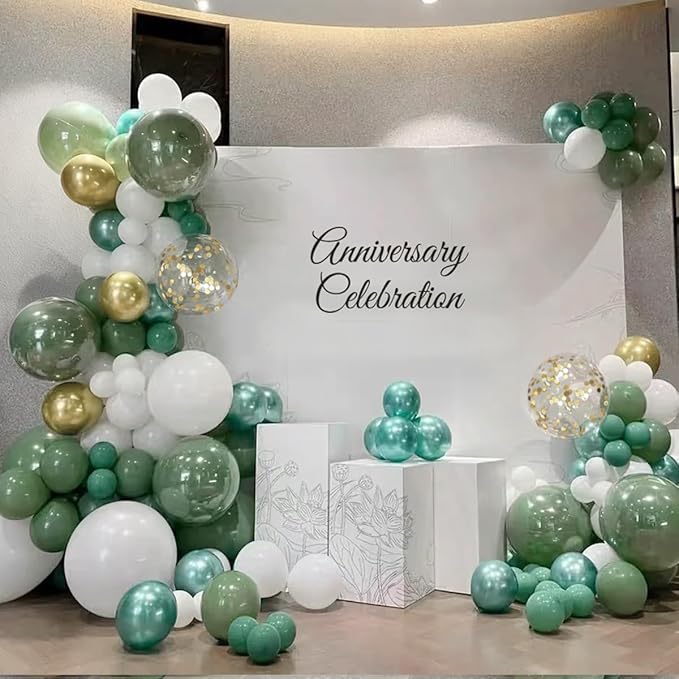 155Pcs Sage Green White Gold Balloon Garland Arch Kit with Gold Confetti Balloons for Graduation Baby Shower Decor Happy Birthday Party Wedding Jungle Decorations