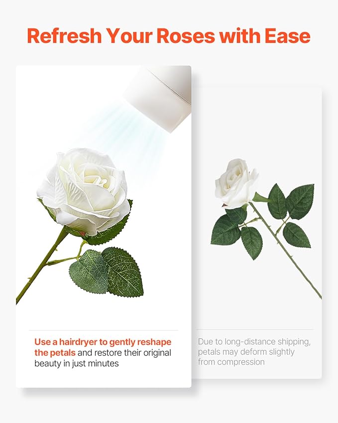 VEVOR Artificial Flowers, 60 pcs Real Looking White Foam Fake Roses Bulk, White Faux Bridal Shower with Stems for DIY Wedding Bouquets, Home Centerpieces Arrangements, Party Tables Decorations