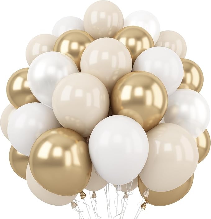 Togvu White and Gold Balloons, 12 Inch White Sand Gold Metallic Latex Balloons, Beige Gold Party Balloons for Boho Birthday Baby Shower Engagement Wedding Anniversary Party Decorations
